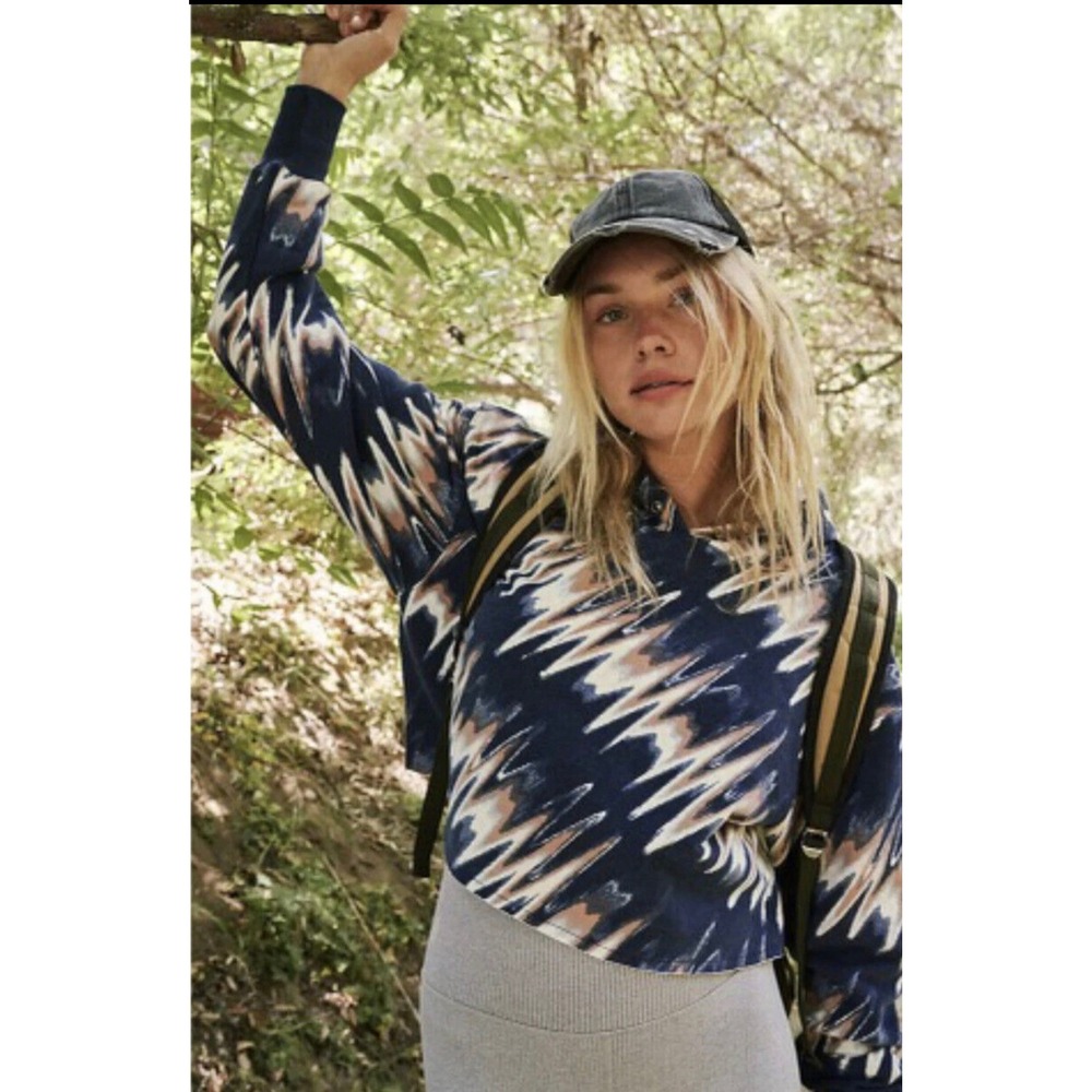 FP Movement Free People Zig Zag Ikat Crop Hoodie Navy Blue Womens Medium